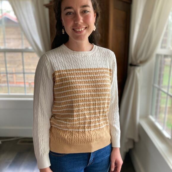 Kim Rogers Cream & Tan Crew Neck Sweater, Size SP - Picture 1 of 5